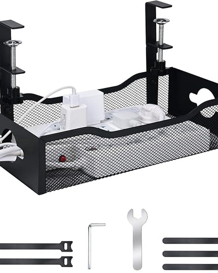 Large Under Desk Cable Management Tray - Heavy Duty Metal Cord Organizer with No Drill Installation for Office & Home Office Desks to Hide Wires & Power Strips (Black, XL)