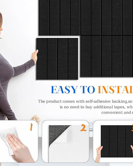DOLLAR BOSS Felt Cork Board Tiles, 6 Packs 12" x 12" 1/2" Thick Bulletin Board Adhesive Acoustic Panels Soundproof Corkboards for Walls with 60 Pushpins for Home Office Kitchen School, Black Stripe