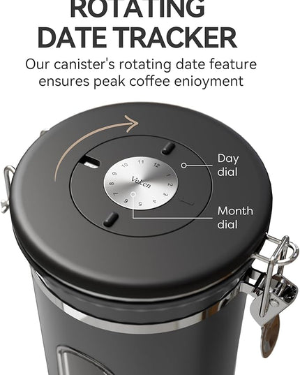 Veken Coffee Canister with Window,Airtight Stainless Steel Kitchen Food Storage Container, Date Tracker & Scoop for Grounds Coffee, Beans, Tea, Flour, Cereal,Sugar,22OZ,Grey