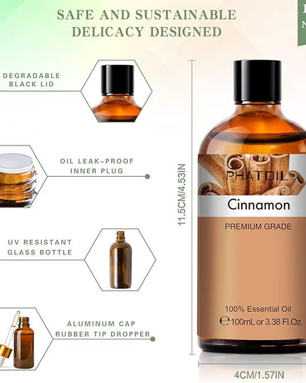 PHATOIL 100ML Cinnamon Essential Oil, Huge 3.38fl.oz Bottle Cinnamon Oil, Aromatherapy Oils for Diffuser, Humidifier, DIY, Essential Oil Singles