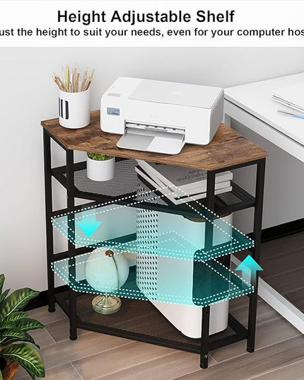 VEDECASA Corner Printer Stand Table with Power Outlet Charging Plugs USB Port Adjustable Storage Shelf Computer Tower CPU Stand Holder for Home Office (Brown)