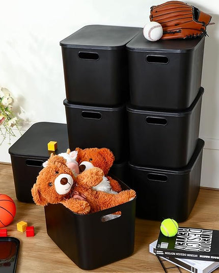 Hoolerry 8 Pieces Colorful Storage Bins with Lid, Plastic Storage Basket Organizing Container Stackable Box with Handle for Shelves Desktop Playroom Office(14.2 x 10.2 x 9.5 Inch,Black)