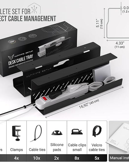 Under Desk Cable Management Tray no Drill – Wire Management - Cord Organizer – Huge Load Capacity – Under Desk Cable Tray no Drill (Black, 2 Pieces Set)