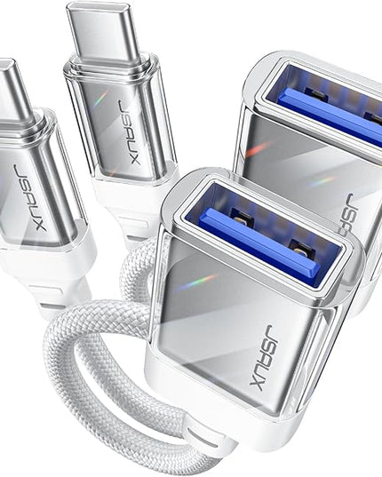 JSAUX USB to USB C Adapter [2 Pack], USBC OTG Adapter Compatible with MacBook Pro/Air, iPhone 15 Pro Max, Samsung Galaxy S24/S23/S22/S21 and More USB C Devices-Crystal White