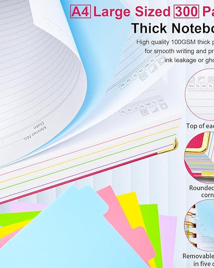 Hardcover Spiral Notebook 8.5"x11" Journal Notebook with Tabs and Removable Dividers 300 Pages 5 Subject Notebook College Ruled, Faux Leather Spiral Bound Notebook for Women School Work (Rose Red)