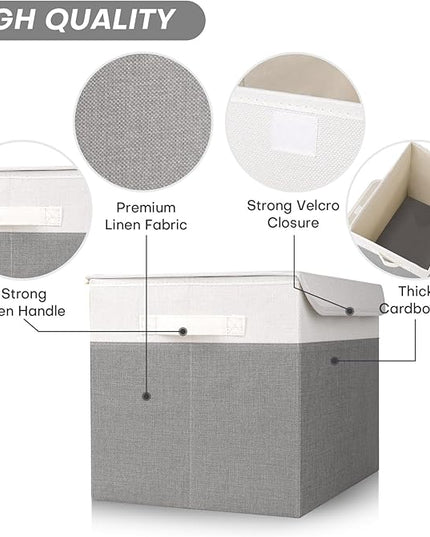 Large 22 Quart Linen Fabric Foldable Storage Bin Cube Organizer Basket with Flip-Top Lid & Handles, Clothes Blanket Box for Home, Office, Closet, Gray & White, 4 Pack 14.6 x 9.5 x 9.5”