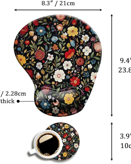 Ergonomic Mouse Pad with Wrist Support,Mouse Pad with Wrist Rest and Coaster Set,Office Supplies Non-Slip Mouse Pads for Desk, Non-Slip Comfortable,Black Floral