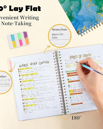 5 Subject Notebook College Ruled, A5 Spiral Notebook with Removable Pocket Dividers Tabs, Lined Organizer Notebook Journal for Women, 240 Pages Notebooks for Work School Note Taking, Green Marble