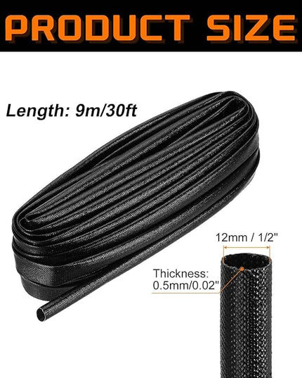 MECCANIXITY 30ft Braided Cable Sleeve, 1/2" ID 200C High Temperature 1500V Fiberglass Wire Insulation Cord Protector Organizer Wires Management for Motor Engine Fuel Line, Black