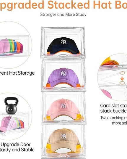 2 Pack Hat Organizer for Baseball Caps,Large Clear Cap Organizer with Drawer,Hats Holder Box for Closet with Sliding Tray,Stackable Hat Rack Display Case,Multi-use Hat Case for Caps,Each Holds 12 Hats