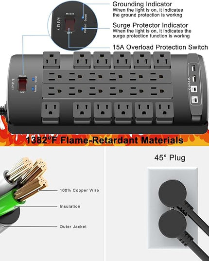 QINLIANF Surge Protector Power Strip - 10Ft Flat Plug Heavy Duty Extension Cord with 24 Outlets and 4 USB Ports(2 USB-C Ports), 1875W/15A, 4100J, for Home, Office, Dorm, ETL Listed, Black