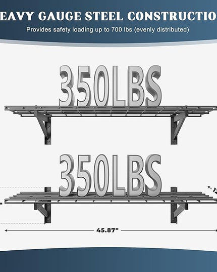 2 Pack Heavy Duty Garage Wall Shelving Set (1x4ft), Wall Mounted Garage Shelves 700lbs Capacity, 12"x48" Shelf Storage Rack Floating Shelves, Black