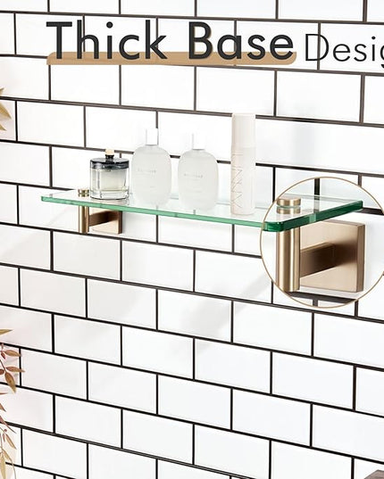 KOKOSIRI Wall Shelves Bathroom Hardware Tempered Glass Floating Shelf Hanging Rack Storage/Room Decor 20-Inch Champagne Bronze 2 Pack B1105CPG-L20-P2
