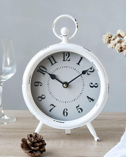 MACVAD Vintage Rustic White Table Clock on Stand, Decorative Desk and Shelf Clock Farmhouse Mantel Clock Rustic Non-Ticking Clock