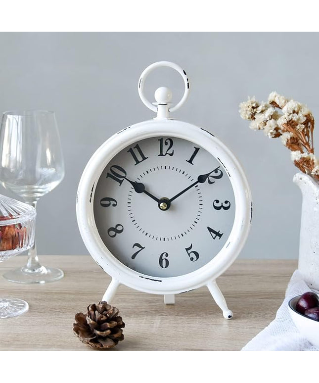 MACVAD Vintage Rustic White Table Clock on Stand, Decorative Desk and Shelf Clock Farmhouse Mantel Clock Rustic Non-Ticking Clock