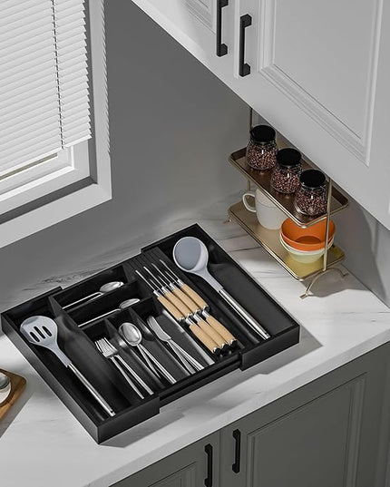 Bamboo-Silverware-Drawer-Organizer-Kitchen, Expandable Utensil Holder Cutlery Tray Flatware Organization Adjustable Wood Tableware Dividers Storage (with Removable Knife Block)(Black)