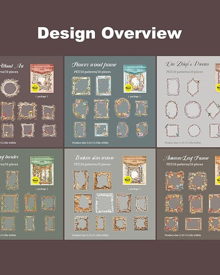AuriicLeaf Vintage Wooden Frame PET Sticker Set, 60PCS Retro Aesthetic Scrapbook Stickers for Journaling, DIY Crafts, and Decorative Art Supplies