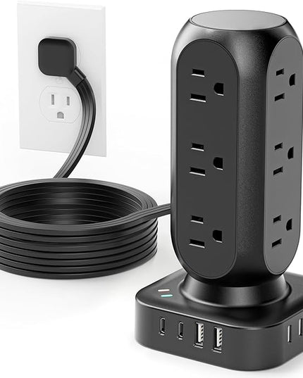 Tower Surge Protector Power Strip,12 AC Outlets & 8 USB Ports, Flat Plug 5FT Extension Cord with Multiple Outlets, 24W Outlet Extender Overload Protection for Home Office Room