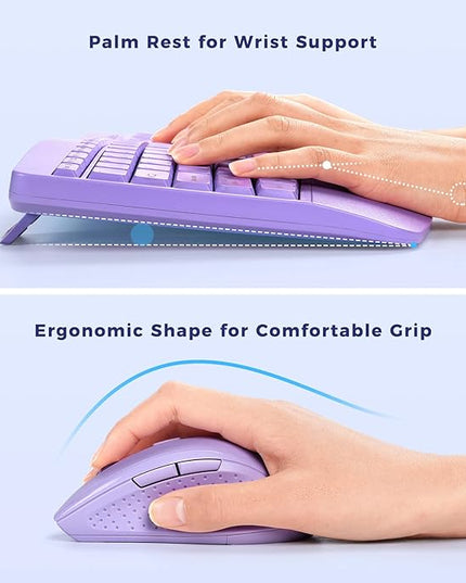 Ergonomic Keyboard and Mouse Combo - Full Size Keyboard Cordless with Palm Wrist Rest Ergonomic Mouse Wireless for Windows Computers Laptops - Light Purple (Upgrade)