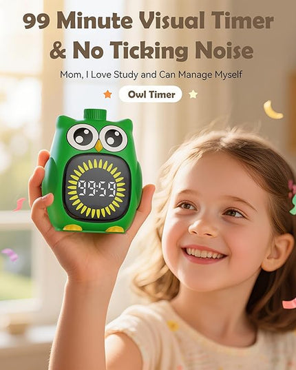 Doli Yearning Visual Timer for Kids, 99 Minute Cute Owl Digital Countdown Timer for Home School Classroom Supplies Study, Silent Time Management Tool (Green)