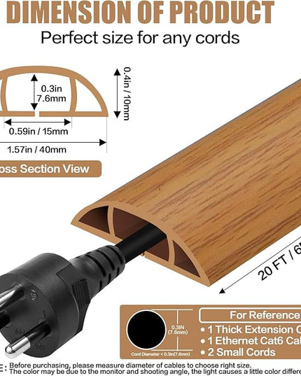Floor Cord Cover Self Adhesive Cord Hider,20FT Cable Management, Extension Strip Protector for Wires, Prevent Cable Trips for Offices, Gyms, Exhibitions Cavity:0.51"(W) x 0.3"(H) Brown Wood