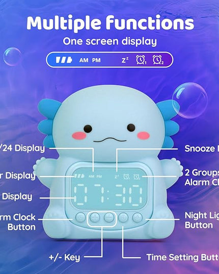 Axolotl Alarm Clock with Night Light for Kids, Rechargeable Silicone Lamp Time to Wake Clock Cute Animal Tabletop Lamp, Perfect Sleep Companion for Boys Girls, Blue