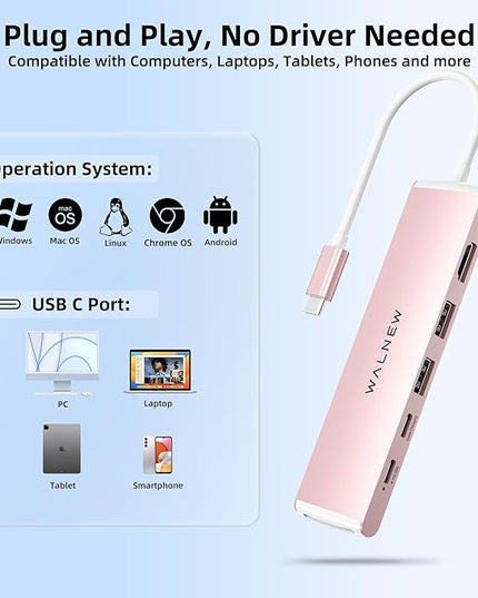 WALNEW 7 in 1 USB-C Hub with 4K HDMI,100W PD,5Gbps Data Port(1 Type-C & 2 USB 3.0),SD/TF Reader, Thunderbolt 4 Dock Multiport Adapter for MacBook Pro Air,Mac,iPad 10/Mini 6,Surface (Pink)