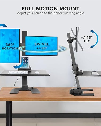 Mount-It! Double Monitor Electric Standing Desk Converter - 2 Screens Stand Up Desk Riser - Height Adjustable Desktop & 2 Mounts for Screens up to 32", Sit-Stand Convertor for Home, Office, School