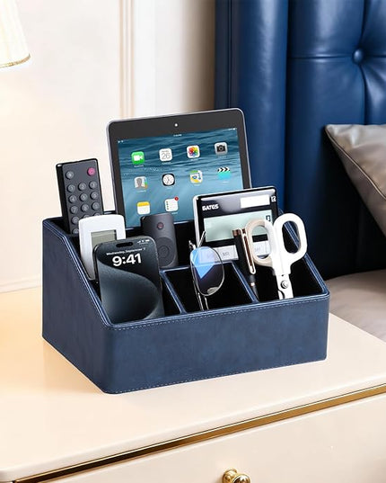 MEIBOOCH PU Leather Desk Organizer, Luxury Remote Control Holder for Home, Office Desk Accessories Table Caddy Bedside Nightstand Organizer (Dark Blue)