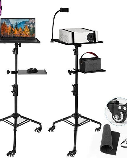 Projector Stand Tripod – 24 to 59 Inch Adjustable Height – Dual Shelves Laptop Tripod Stand with Moveable Wheels and Phone Holder, Portable Laptop Stand for Office, Stage & Outdoor Use