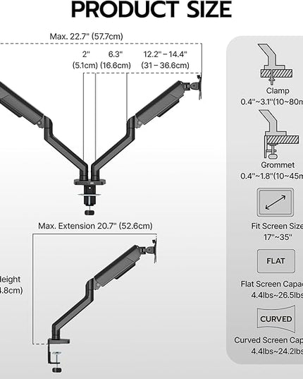 ARES WING Dual Monitor Mount, Heavy Duty Monitor Arms for 2 Monitors for 17-35 Inch, Fully Adjustable Monitor Desk Stand with USB A/C for Ultrawide Screen, VESA 75x75 or 100x100mm, Black