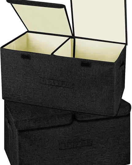 2 Pack Large Linen Fabric Collapsible Storage Bins with Lid and Handles, Washable Storage Box Baskets Cube with Removable Divider for Bedroom,Closet,Office,Living Room,Nursery (Black, Large)