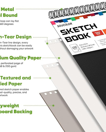 Soucolor 9" x 12" Sketch Book, 100 Sheets Top Spiral Bound Sketchbook with Acid-Free 68lb/100gsm Drawing Paper, Art Sketch Pad for Kids, Adults & Artist, Professional Art Supplies for Beginners