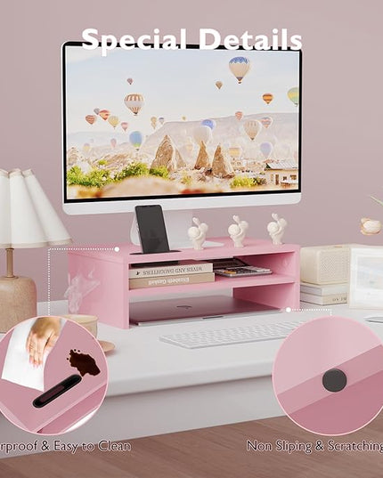 BONTEC Wooden Monitor Stand Riser, 2-Tier Desk Shelf with Storage Organizer, Ergonomic Computer Stand with Cable Management, Cellphone Holder, Pink, 16.5 Inch