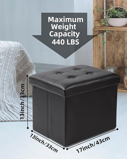 ALASDO Storage Ottoman Footrest Stool Small Ottoman with Storage Foldable Ottoman Leather Foot Rest Footstool Bench for Living Room 17x13x13inches Black