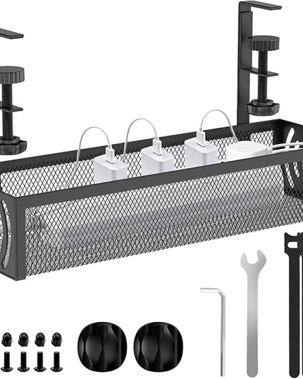 Cable Management, 15'' Under Desk Cable Management Tray No Drill, Metal Cable Organizer with Clamp for Wire Management, Cord Organizer for Home Office, Desk Accessories Organizer, Black