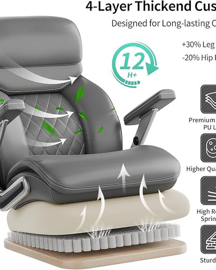 Big and Tall Office Chair with 5D Arms, 600lbs Heavy Duty Desk Chair with Adjustable Lumbar Support, PU Leather High Back Ergonomic Executive Computer Chair with 3'' Silent Casters