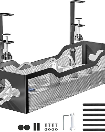Under Desk Cable Management Tray Black, Litwaro Cable Management Under Desk No Drill, Cable Organizer with Clamp for Wire Management, Cord Organizer No Damage to Desk for Office, Home