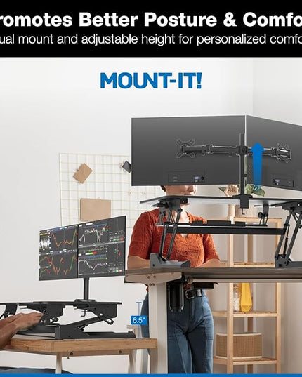 Mount-It! Standing Desk Converter Dual Monitor, 2 Screen Mounts Included, Height Adjustable Desk Riser in Black, Stand Up Desk Convertor Large 36" Wide, Sit Stand Convertor with Manual Lift Gas Spring