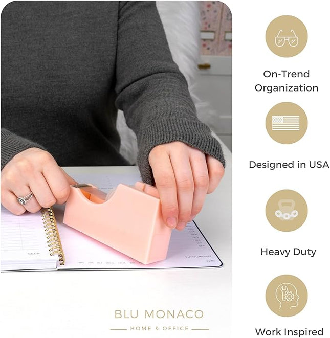 BLU MONACO | Acrylic Tape Cutter Dispenser for Desk | Cute Tape Dispenser Desk with Heavy Duty Base | Pastel Pink Desktop Tape Holder for Office Home