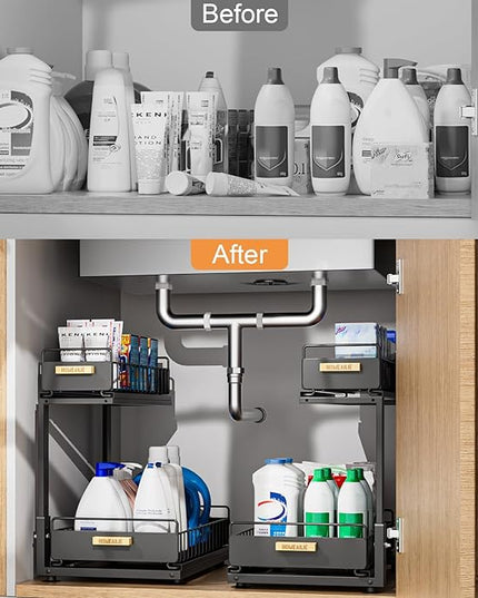 Under Sink Organizer, High Adjustable 2 Tier Under Kitchen Sink Organizer, Multi-Purpose Storage Shelf for Kitchen Bathroom Cabinet, Black