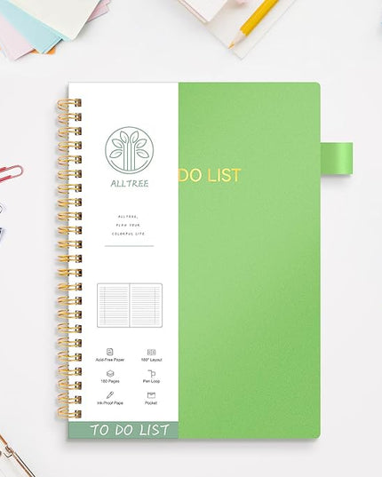 ALLTREE To Do List Notepad Spiral Planner, Daily Task Tracker with Wide Lined Notebooks, Work Planner with Pocket, Pen Loop, 160 Pages, Green (7"x10")