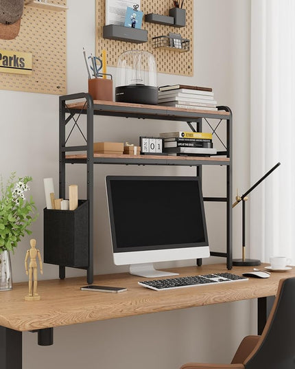 VERSASKY Desktop Shelves, Monitor Stand with Adjustable Shelves and Side Pockets, 2-Tier Desktop Bookshelf Organizer, Large Capacity Display Shelf Rack, Desk Hutch for Home Office, Rustic Brown