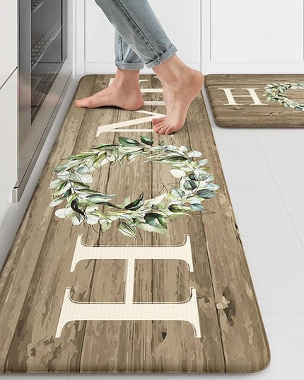 KIMODE Kitchen Mats Cushioned Anti Fatigue, 17"x47"+17"x29" Farmhouse Kitchen Rugs Sets of 2, Non Slip Kitchen Mats for Floor, Padded Kitchen Floor Mats for Sink, Laundry, Desk Khaki