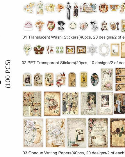 Esweny 100 PCS Vintage Ephemera Pack Journaling Scrapbooking Supplies Scrapbook Sticker Paper Kit for Junk Journal Planners Collage Craft Notebooks Decoupage Album (Retro)