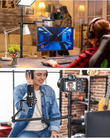 NEEWER Upgraded Overhead Camera Rig with Trifold Camera Boom Arm (Max Load 2lb), 47"/1.2m Telescopic Desk Mount Stand (Max Load 8.8lb) with Phone Clamp Ball Head for LED Light Webcam Mic, TL253A+MH022