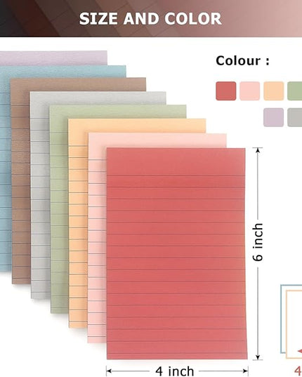 4x6 Inch Lined Sticky Notes, 8 Pack, Vintage Colors, Premium Self-Adhesive Notepads, Large Sticky Pads for Office, School & Home Use, Easy to Use, Reusable & Removable