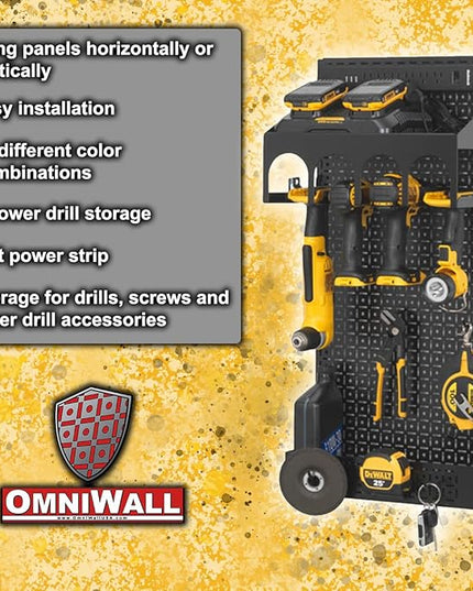 Omniwall Cordless Power Tool Kit-16" x 32" Black Metal Pegboard Organization System Silver