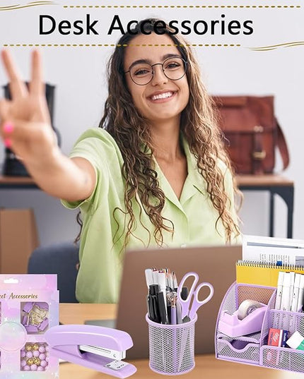 Office Supplies,Desk Accessories,Stapler and Tape Dispenser Set,1000 Staples,Staple Remover,Pen Holder,Folding Phone Holder,Journal Notebook,Ballpoint Pen,Scissor,Ruler,Clear Tape,Sticky Notes,Ect