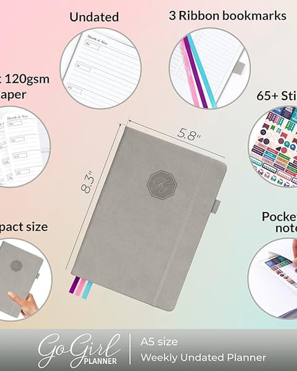 GoGirl Planner and Organizer for Women – A5 Size Weekly Planner, Goals Journal & Agenda to Improve Time Management, Productivity & Live Happier. Undated – Start Anytime, Lasts 1 Year – Gray